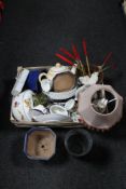 A tray of decorative china, large Ringtons tea pot, mirrored urn,