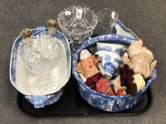 A tray of pair of cut glass pedestal dishes, other glass ware, Spode blue and white china, dolls,