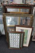 Three mirrors together with framed cigarette cards etc