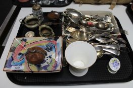 A tray of silver plated cutlery, treen pot,