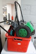 A G-tech cordless mower (a/f), garden tools,