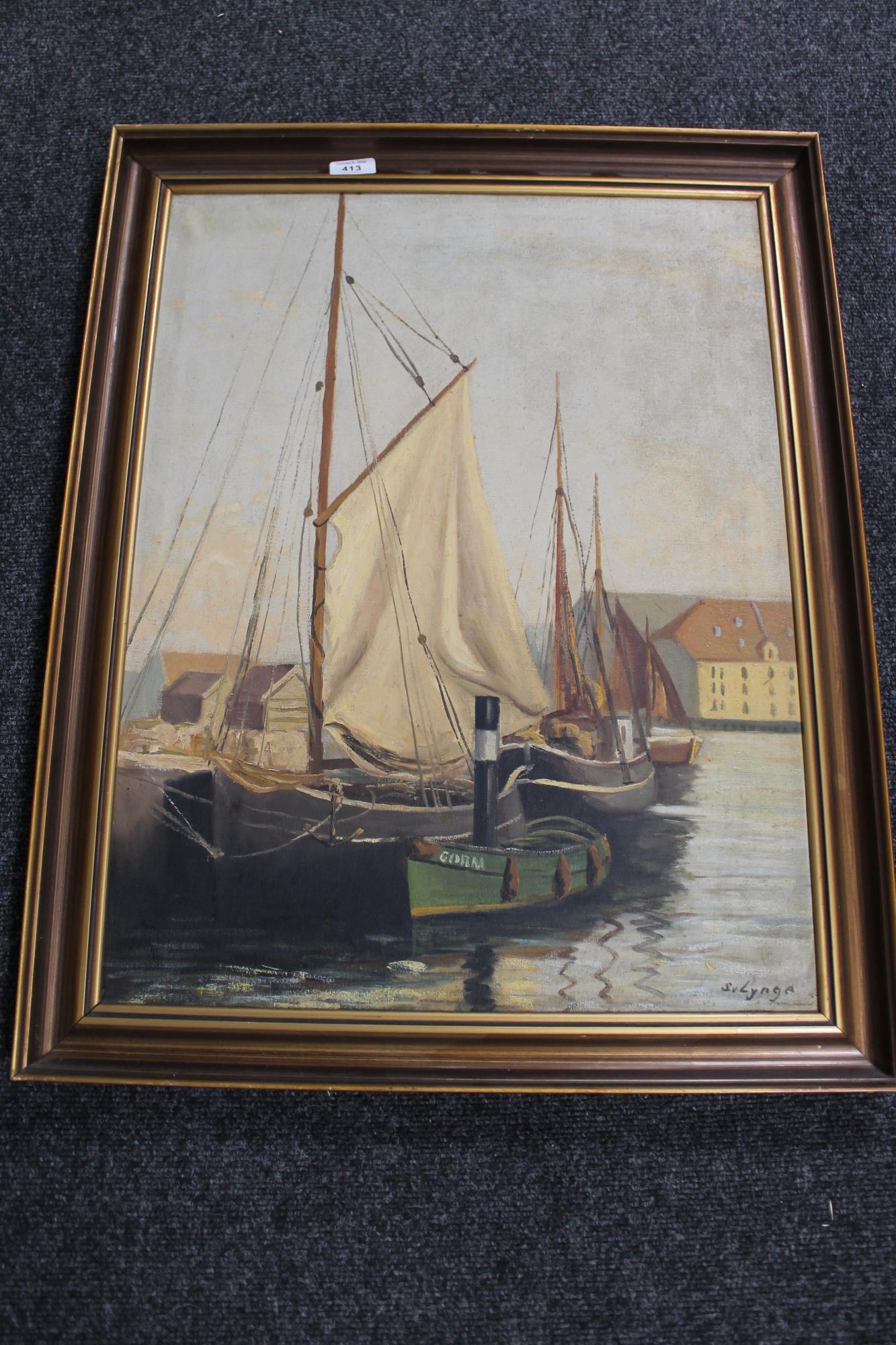 Continental school - boats in a harbour ,