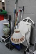 A quantity of garden tools, ceramic vase, Ikea chair,