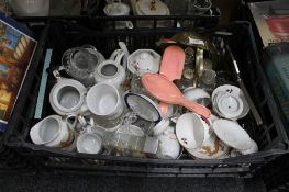 A crate of china, glass ornaments,