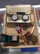 Two silver pocket watches, WWI medal, further medals,