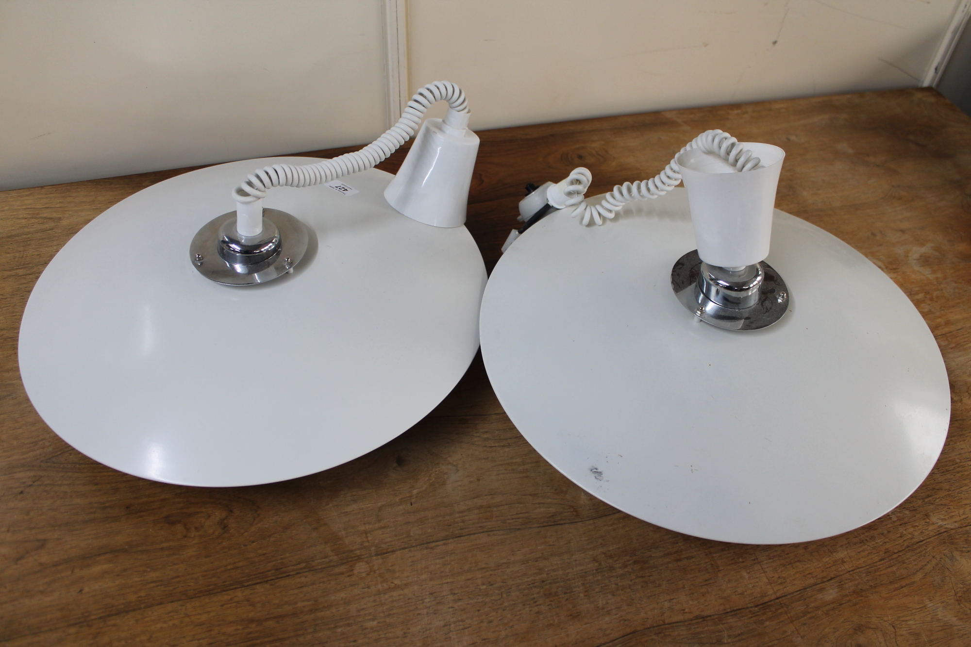 Two mid century metal ceiling pendant lights