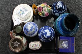 Three blue and white ginger jars, copper lustre jug, china posy, plates, vase,