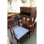 A mahogany single door cabinet, a chair and a three tier stand.