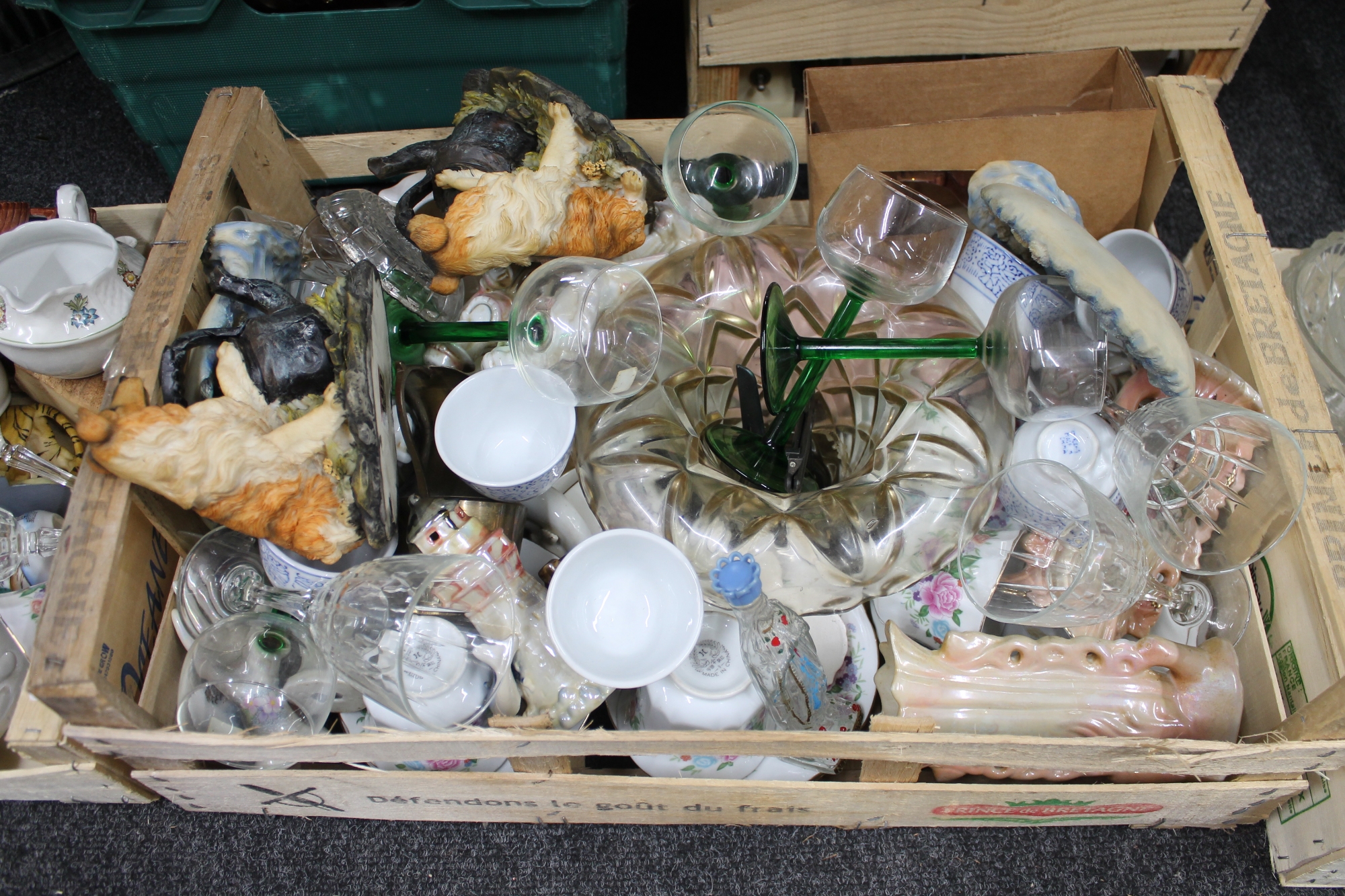 Two crates of china glass,