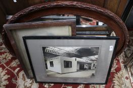 An Edwardian oval mirror together with three pictures