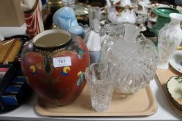 A tray of Crown Devon vase, cut crystal vases,