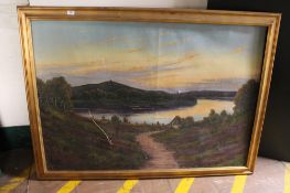 A large continental oil on canvas - valley landscape CONDITION REPORT: Canvas