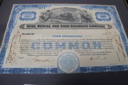 Two framed share certificates - The Gulf Mobile and Ohio railroad company and a further 19th