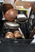 A crate of butterfly tray, copper flagons, cutlery,