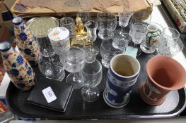 A tray of glass, pair of ceramic vases,