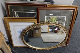 A gilt framed mirror together with pictures and prints