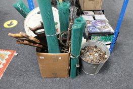 A quantity of tools, tin bucket containing metal ware,