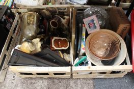 Two crates of china, glass ornaments, dog figures,