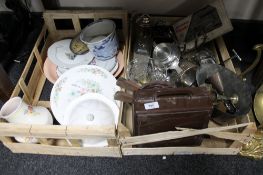 Two crates of silver plated wares, ceramics, Poole pottery vase, compass set, copper vase,