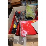 A box and Hornby railway items, carriages,