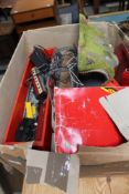 A box and Hornby railway items, carriages,