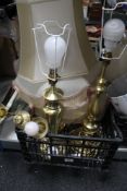 A box of brass table lamps and shades