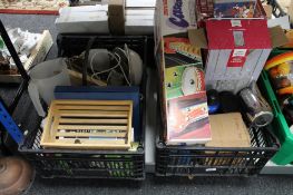 Two crates of kitchen items, brass pan,