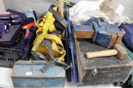 A large quantity of tools, ratchet straps, bolt cutter, hinges,