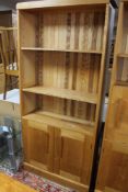 A pine bookcase with double cabinet below