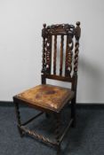 A carved oak barley twist side chair