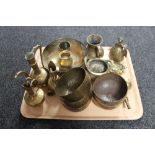 A tray of brass including eastern dishes etc