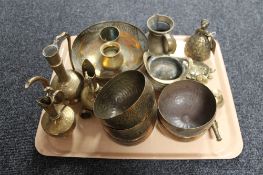 A tray of brass including eastern dishes etc