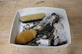 A box of cutlery, dressing table items, silver mounted walking cane handle,