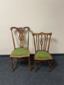 Two Edwardian inlaid beech side chairs