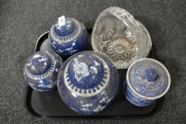 A tray of blue and white ginger jars,