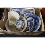 A box of willow pattern plates, place mats,