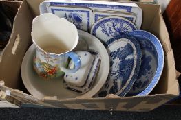 A box of willow pattern plates, place mats,