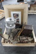 A crate of stainless steel dispenser, wooden storage hall cabinet,