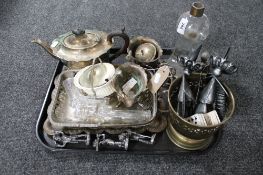 A tray of silver plated items,