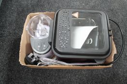 Two boxes of kitchen electricals, grinder,