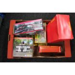 Three boxes of vintage toys, Hornby railway items,