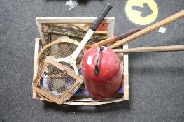 A box of fire bucket, rackets, two mirrors,