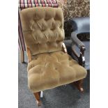An upholstered brown dralon rocking chair