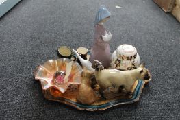 A tray of Lladro goose, two Doulton character pots,