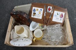 A crate of cut glass, contemporary wall clock,