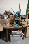 A large quantity of tools, hand tools, metal press, clamp, brass stair rods,