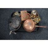 A tray of copper and brass, pot on stand,
