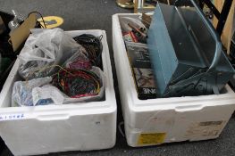 Two boxes of electrical cable, box of tools, metal tool box, joiner's foles,