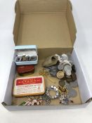 A box of collectables including costume jewellery, pair of silver cuff links, British coins,