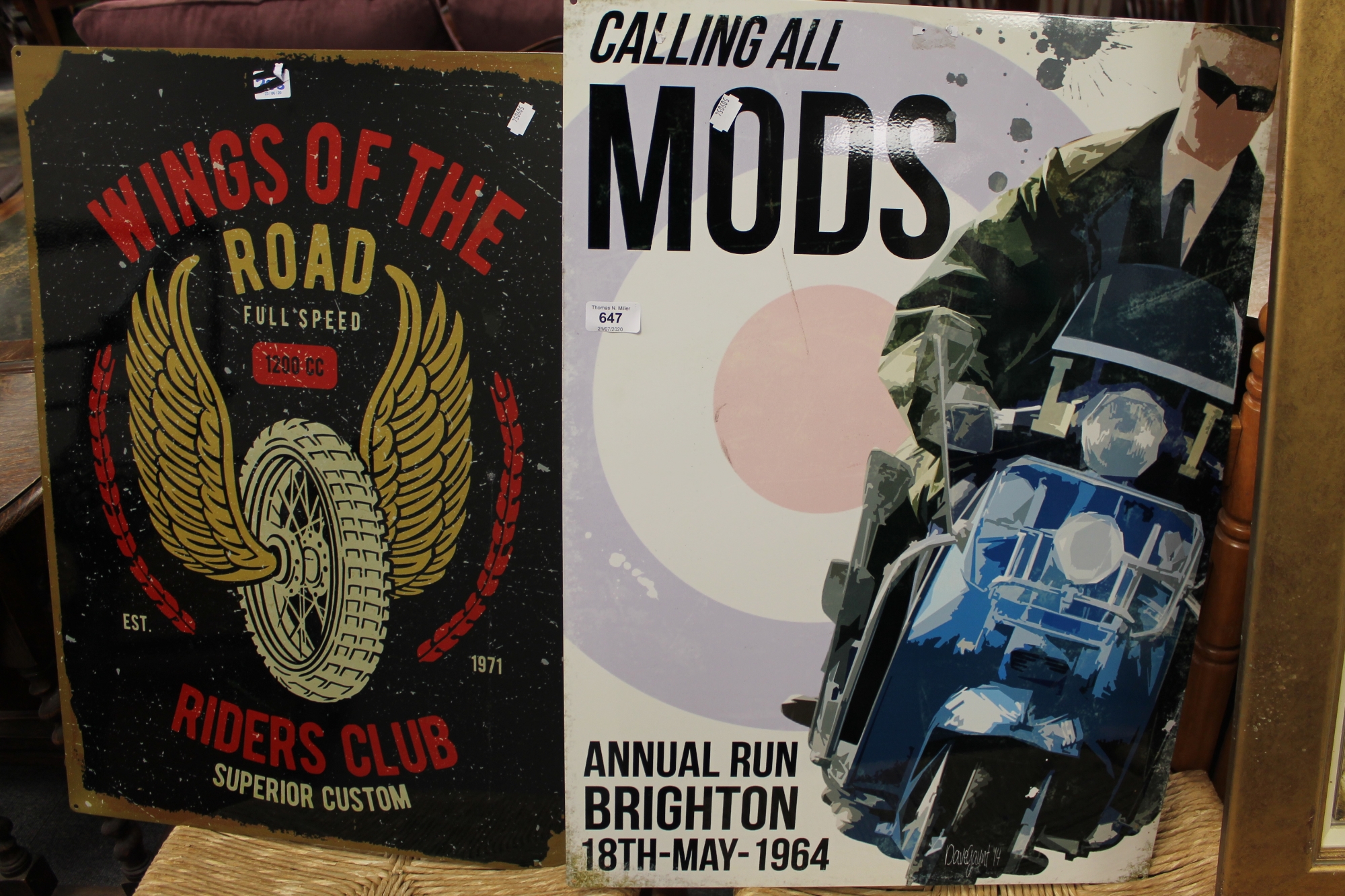 Two metal advertising signs - rider's club and calling all MOD's